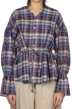 Sale Manon Balloon Sleeve Check Blouse - Blue