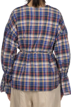 Sale Manon Balloon Sleeve Check Blouse - Blue