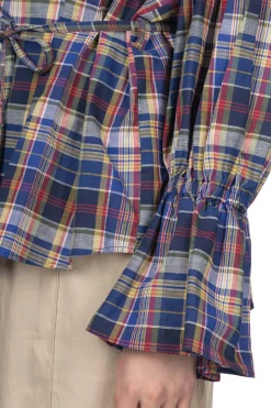 Sale Manon Balloon Sleeve Check Blouse - Blue