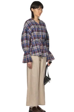 Sale Manon Balloon Sleeve Check Blouse - Blue