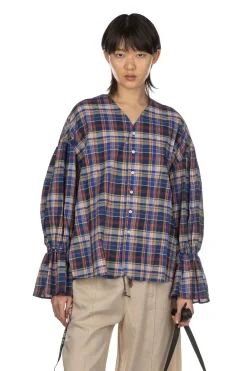 Sale Manon Balloon Sleeve Check Blouse - Blue
