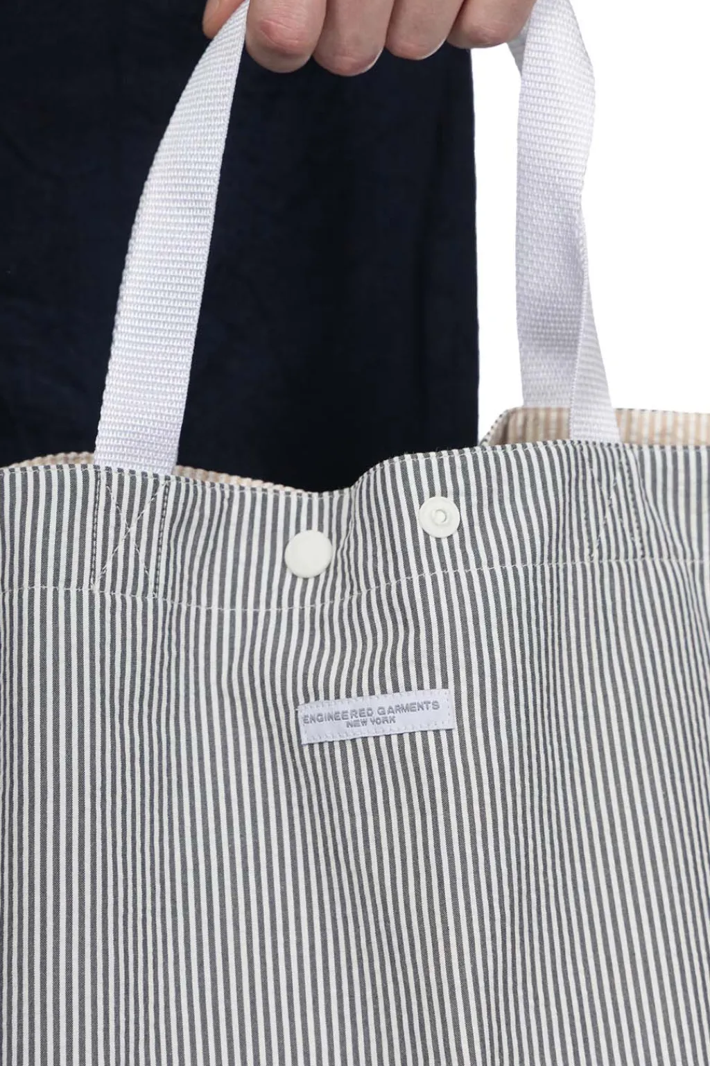 Best Engineered Garments Carry All Tote Reversible - Navy Cotton Seersucker Stripe
