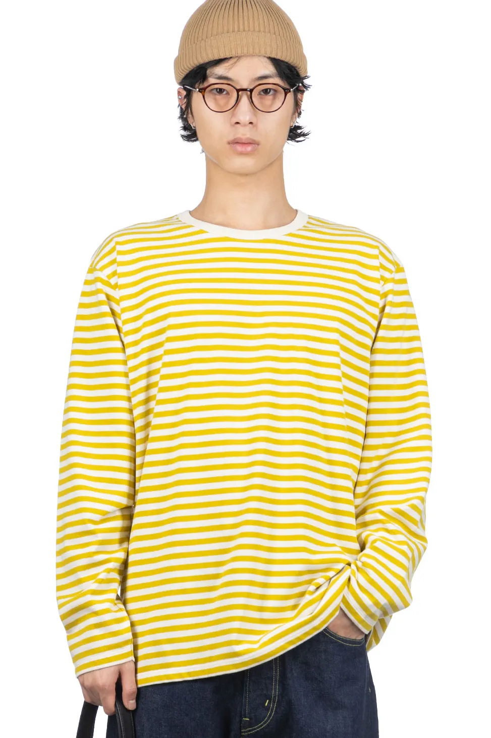 Outlet Nanamica COOLMAX Stripe Jersey LS Tee - Yellow x Natural