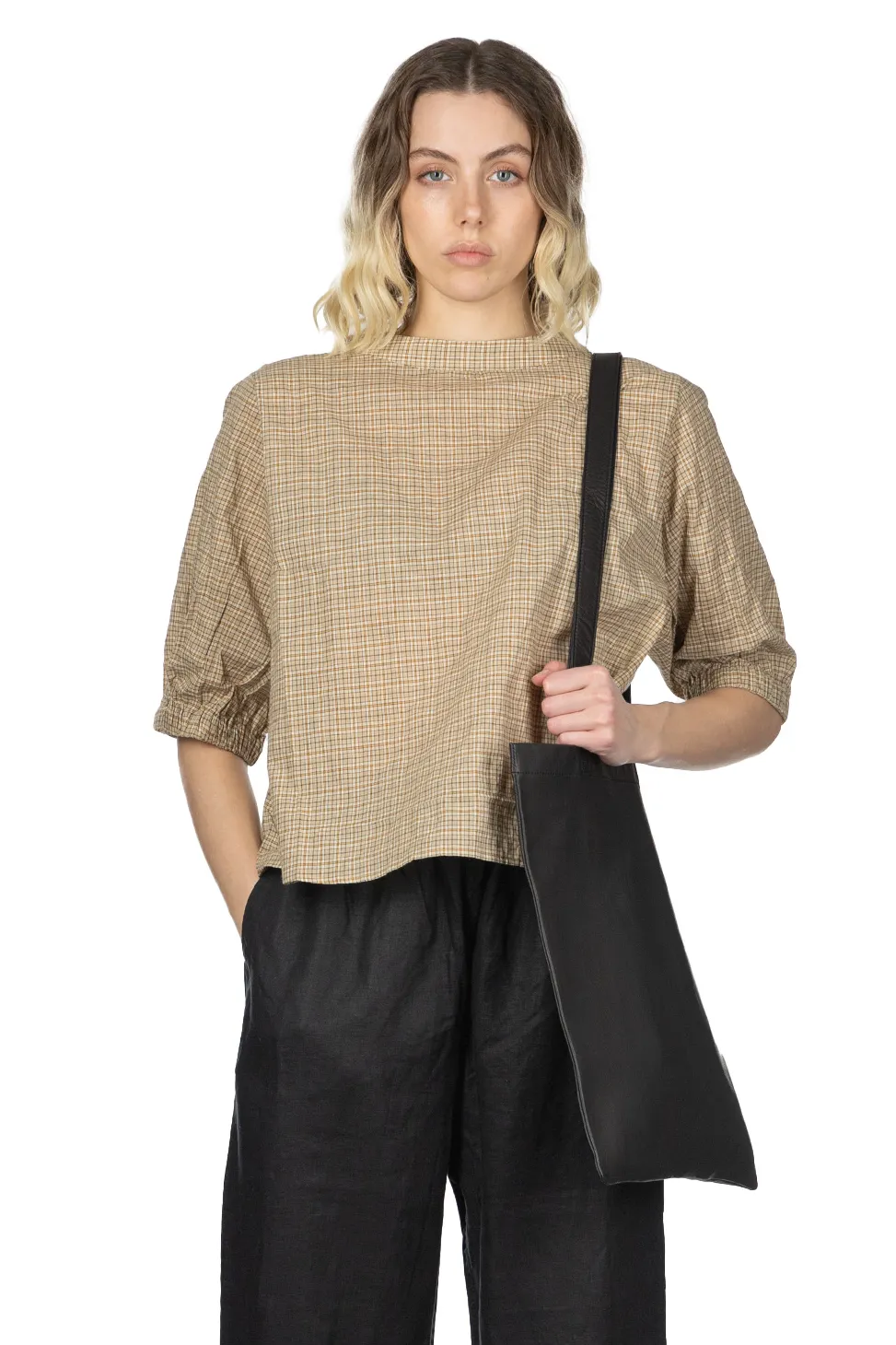 Online Nachukara Cotton Band Collar Blouse - Beige Check
