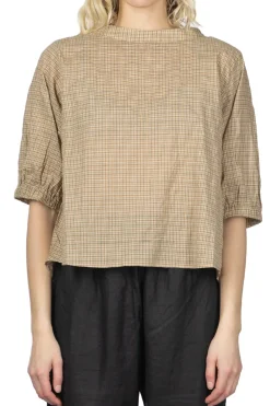 Online Nachukara Cotton Band Collar Blouse - Beige Check
