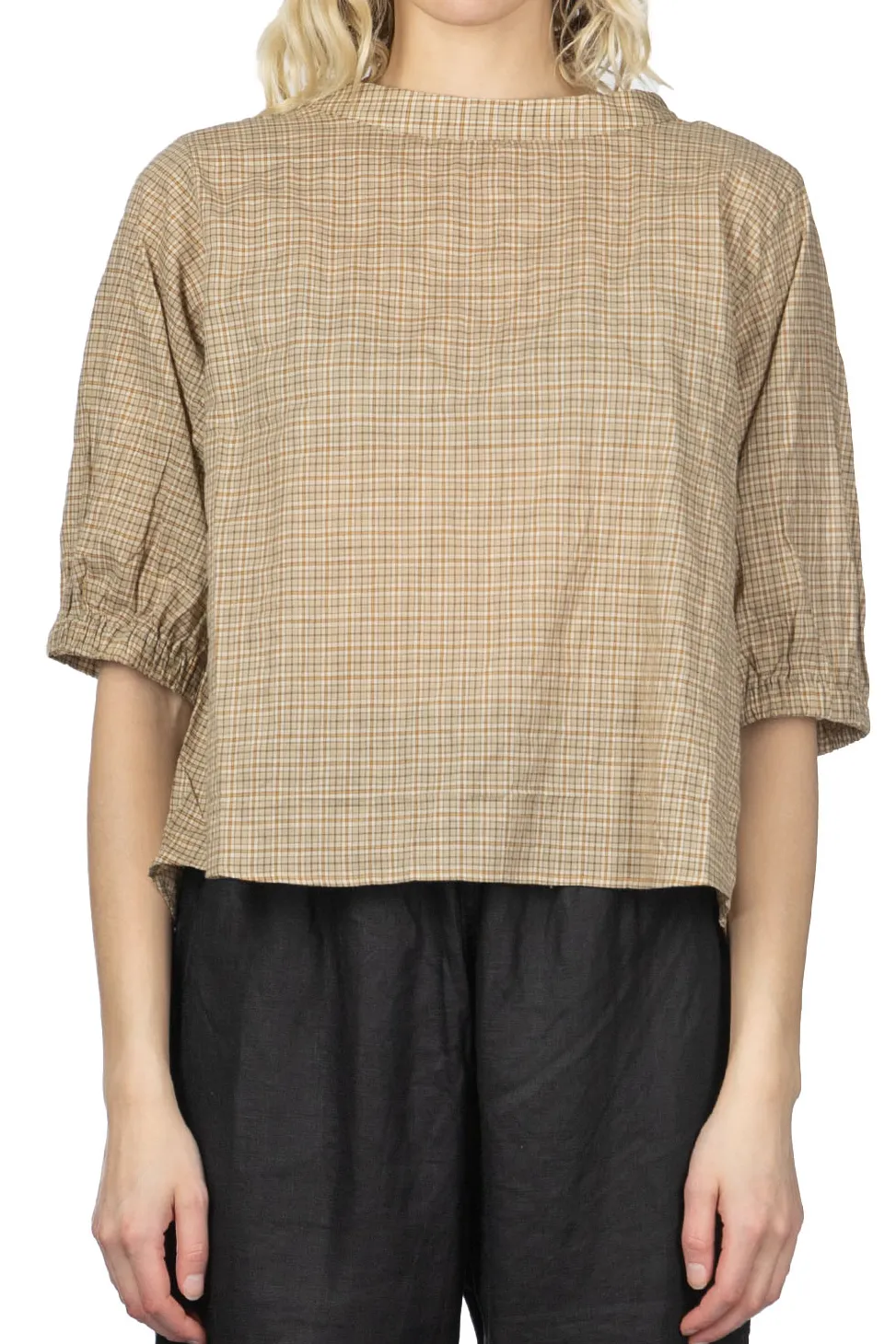 Online Nachukara Cotton Band Collar Blouse - Beige Check