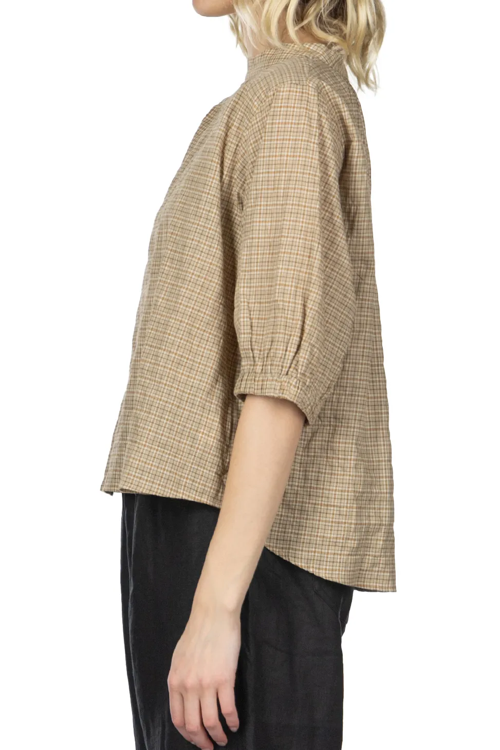 Online Nachukara Cotton Band Collar Blouse - Beige Check
