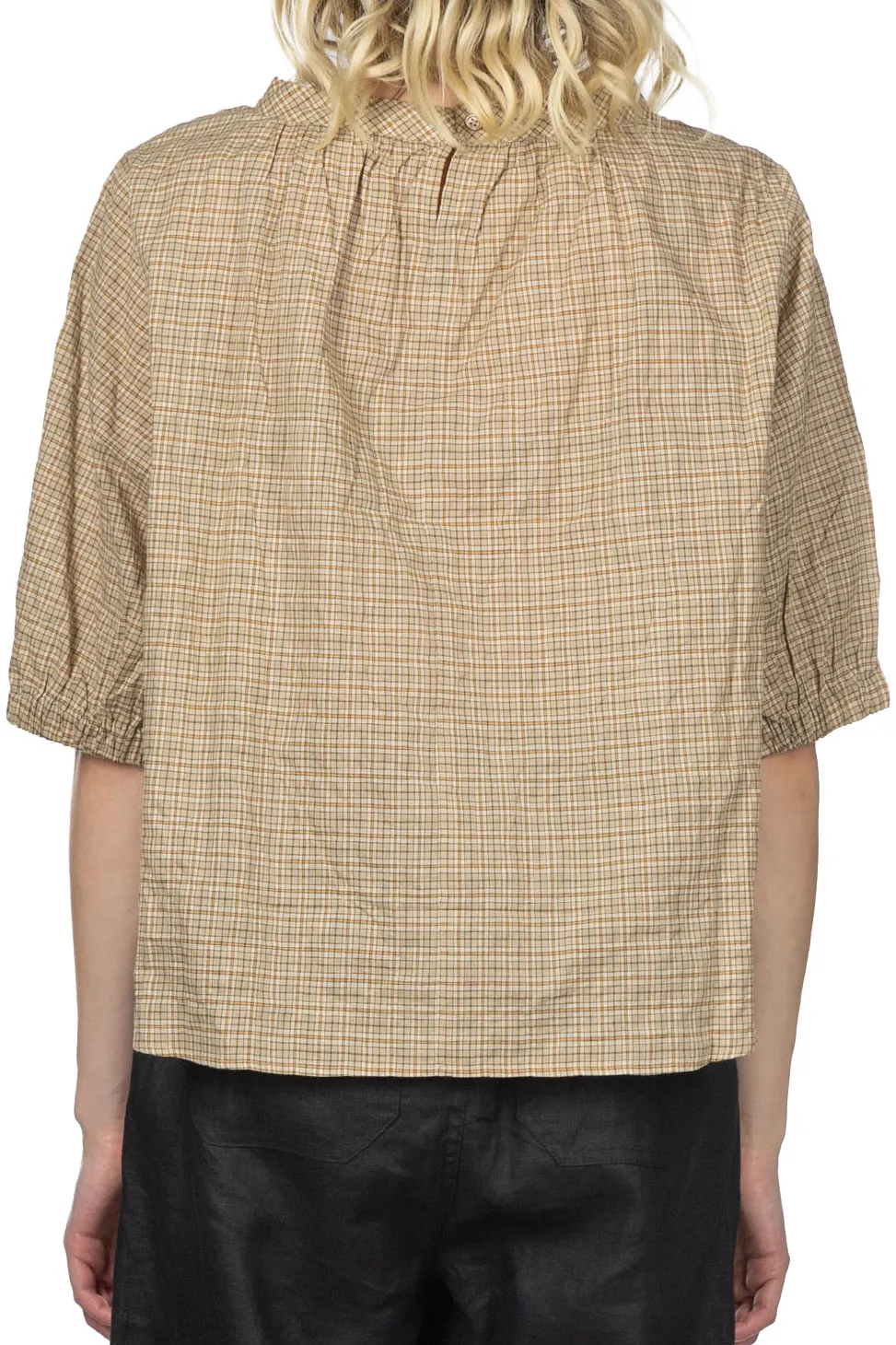 Online Nachukara Cotton Band Collar Blouse - Beige Check