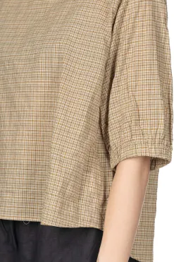 Online Nachukara Cotton Band Collar Blouse - Beige Check