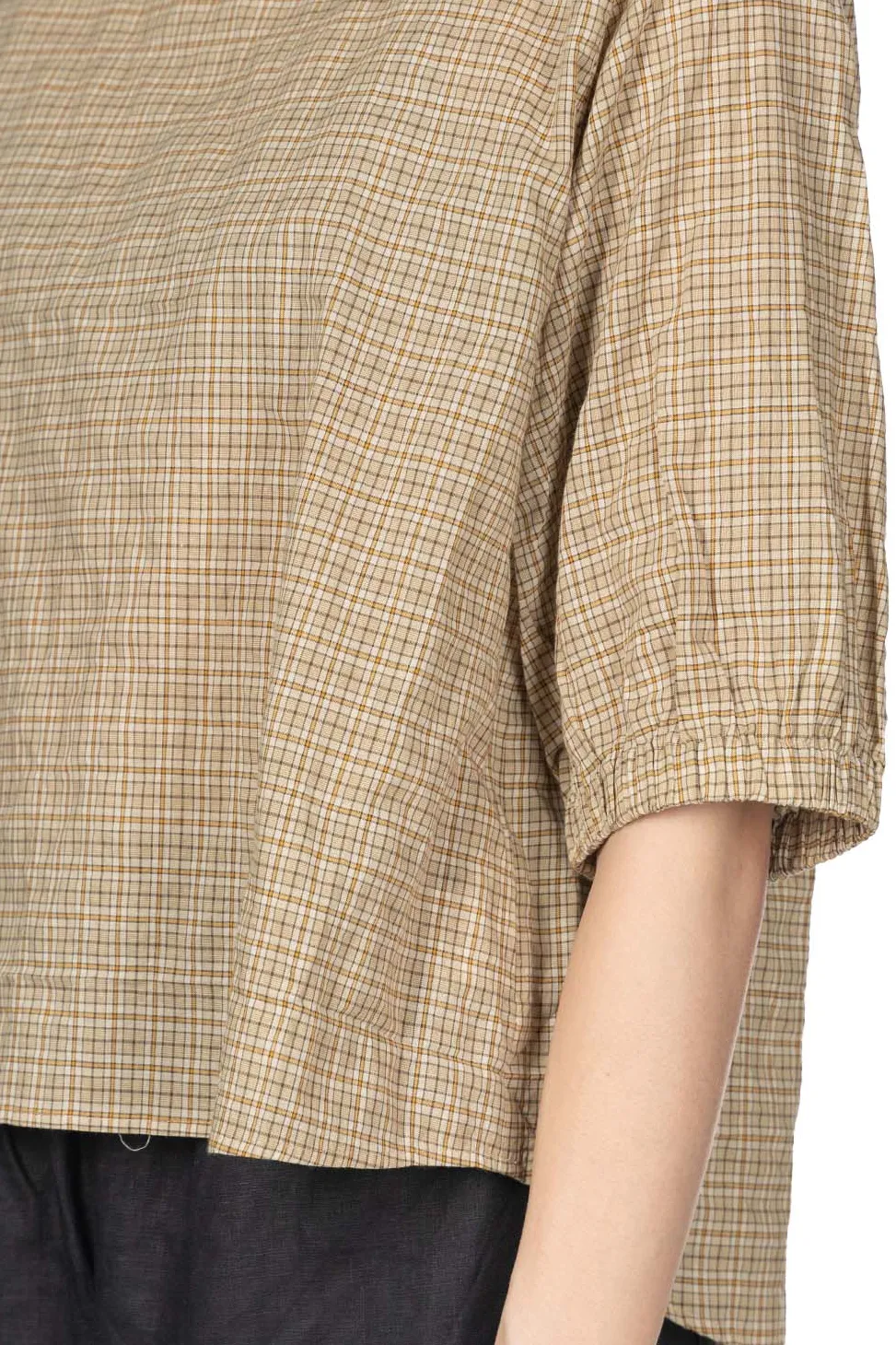 Online Nachukara Cotton Band Collar Blouse - Beige Check