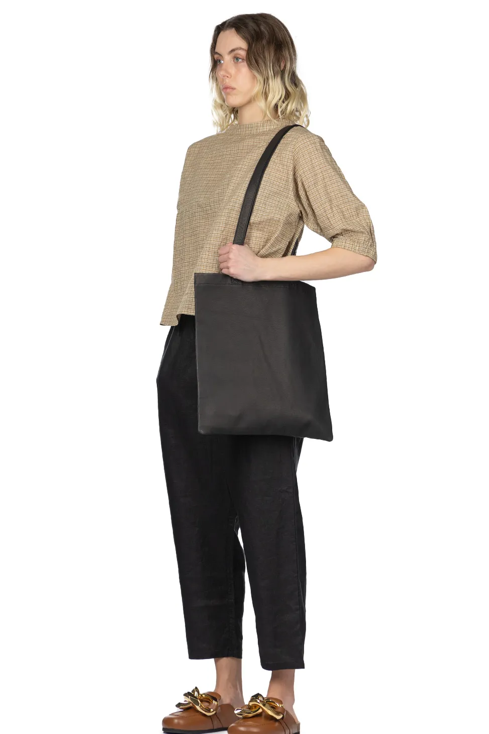 Online Nachukara Cotton Band Collar Blouse - Beige Check