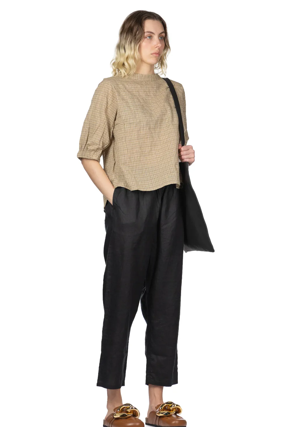 Online Nachukara Cotton Band Collar Blouse - Beige Check