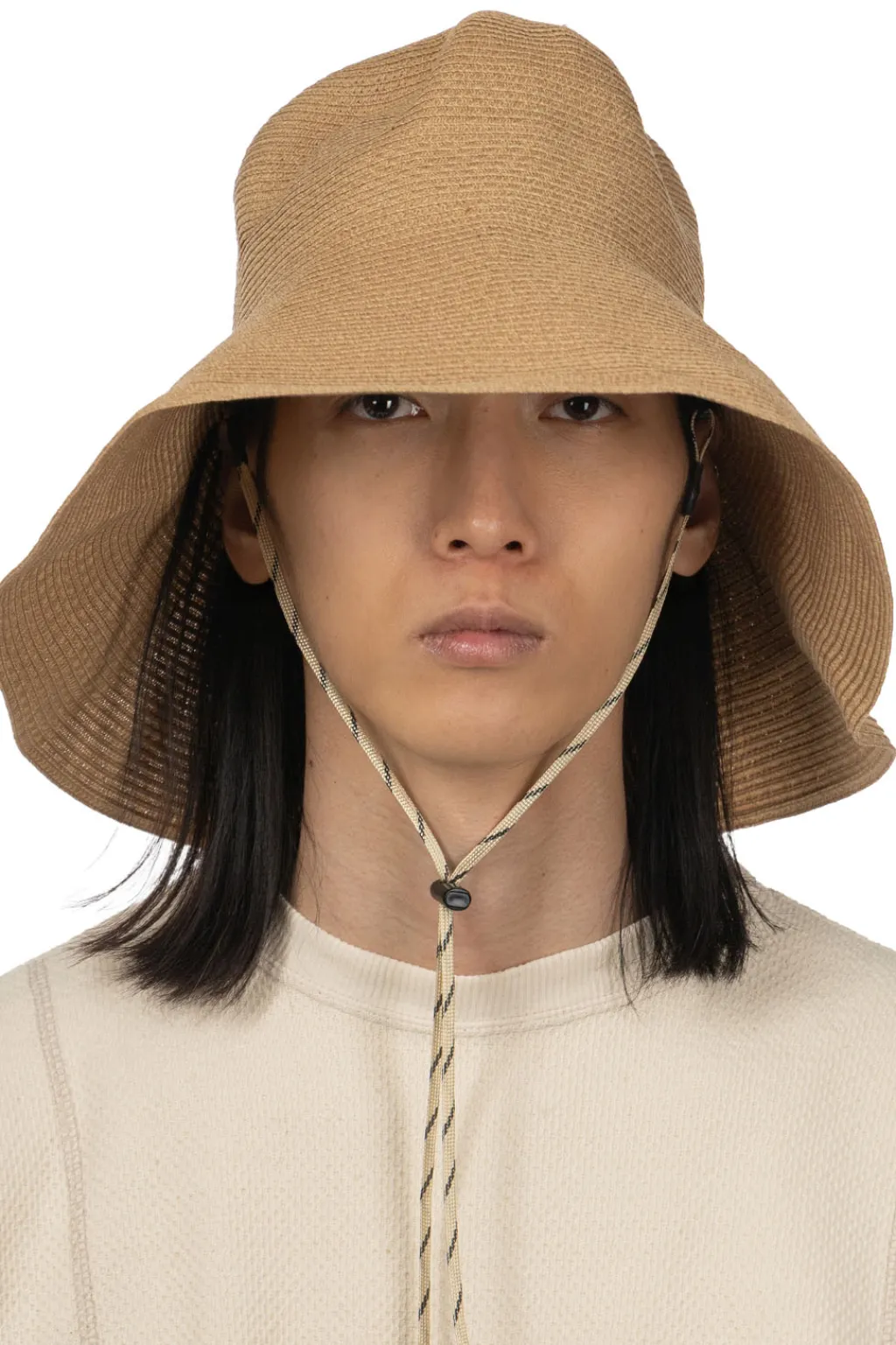 Outlet Cableami Cotton Braid Capeline Wide Brim with Strap - Beige