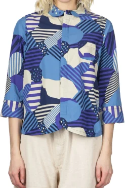 Hot Tigre Brocante Cotton Flower Esprit QT Sleeve Shirt - Blue