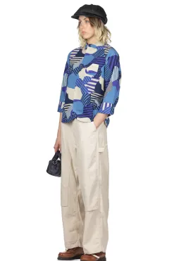 Hot Tigre Brocante Cotton Flower Esprit QT Sleeve Shirt - Blue