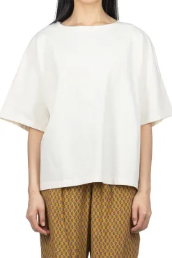 Outlet Ichi Cotton Jersey Boatneck Loose T-Shirt - Ecru