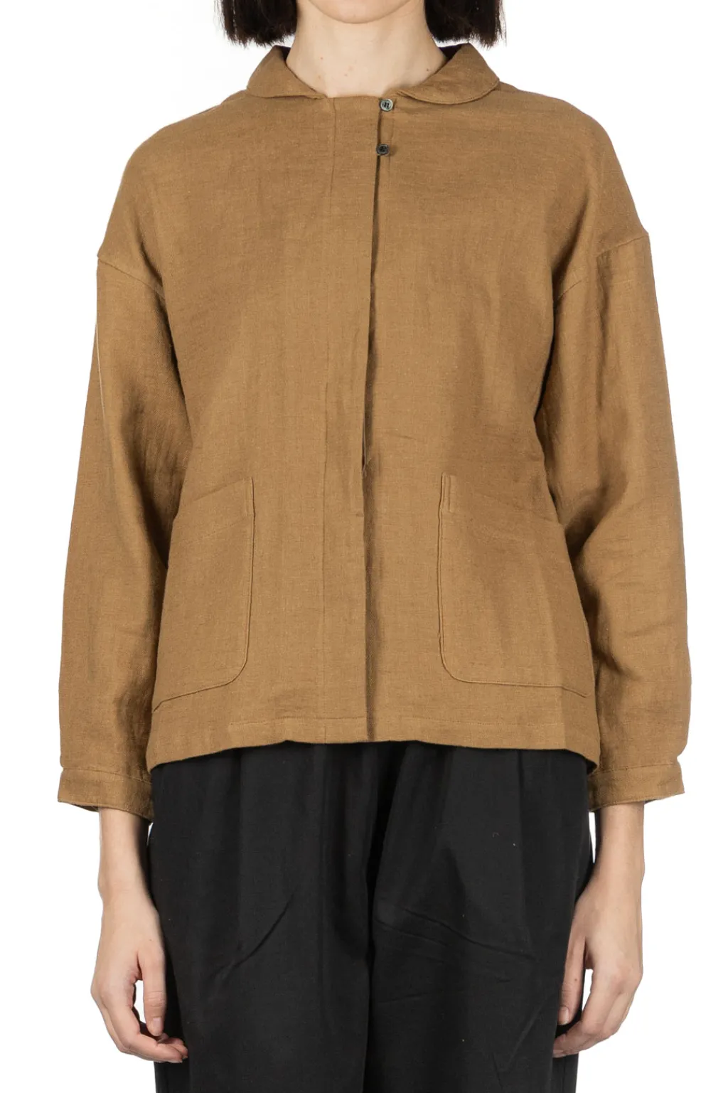 Fashion Nachukara Cotton Linen Double-Woven Round Collar Shirt - Beige