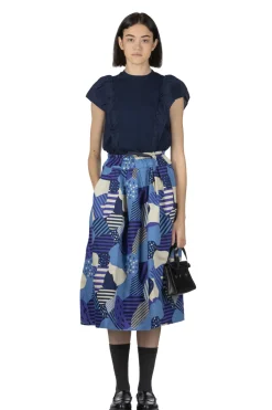 Fashion Tigre Brocante Cotton Linen Flower Printed Skirt - Blue