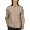 Sale Manual Alphabet Cotton Linen Slub Button Down Shirt - Mocha