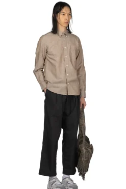 Sale Manual Alphabet Cotton Linen Slub Button Down Shirt - Mocha