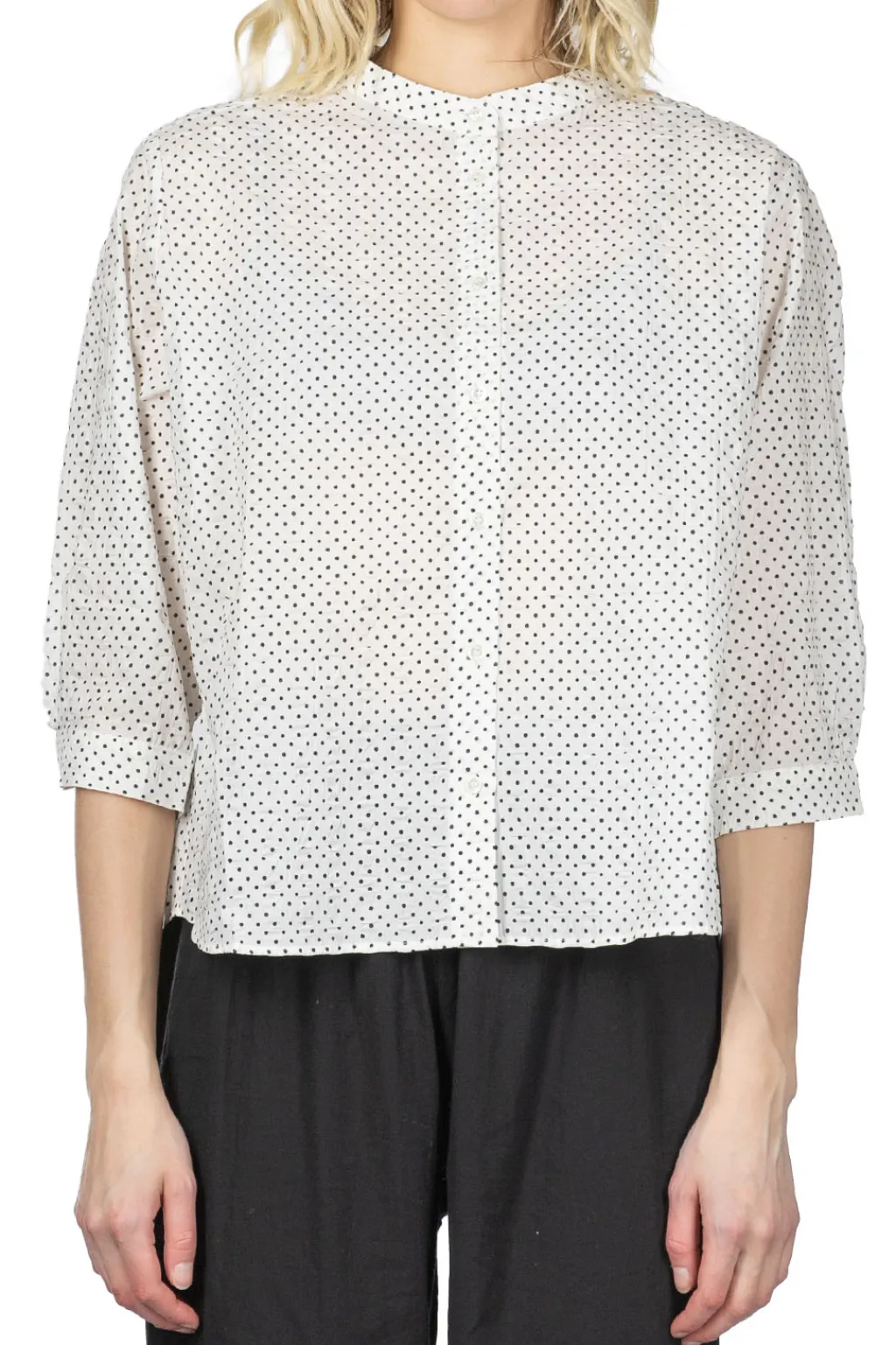 Clearance Nachukara Cotton Polka Dot Band Collar Shirt - White