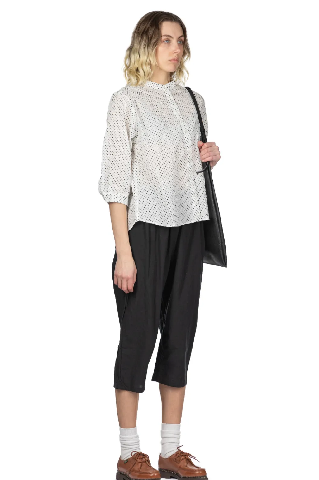 Clearance Nachukara Cotton Polka Dot Band Collar Shirt - White