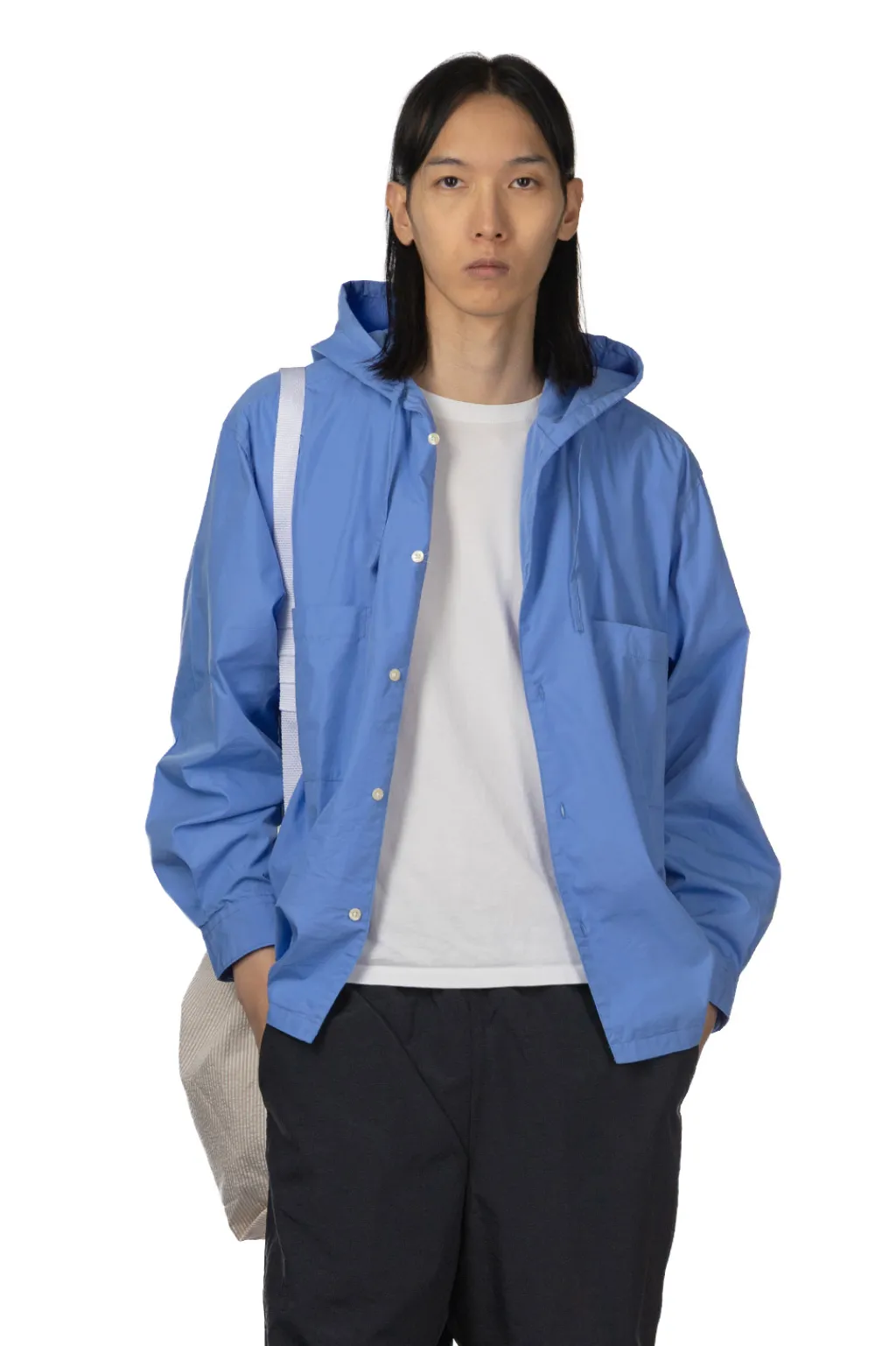 Sale Manual Alphabet Cotton Polyester Poplin Hood Shirt - Sax