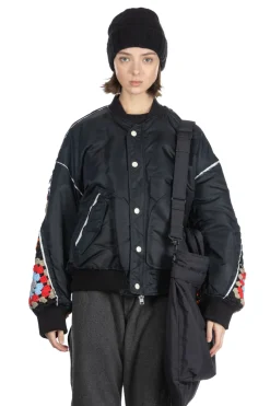 Fashion DISCOVERED Crochet Sleeve MA-1 Jacket - Black