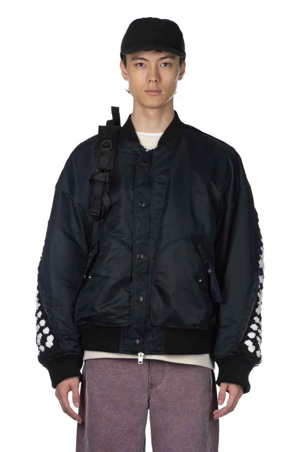 Hot DISCOVERED Crochet Sleeve MA-1 Jacket - Black x Black