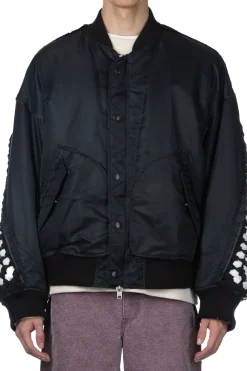 Hot DISCOVERED Crochet Sleeve MA-1 Jacket - Black x Black
