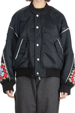 Fashion DISCOVERED Crochet Sleeve MA-1 Jacket - Black