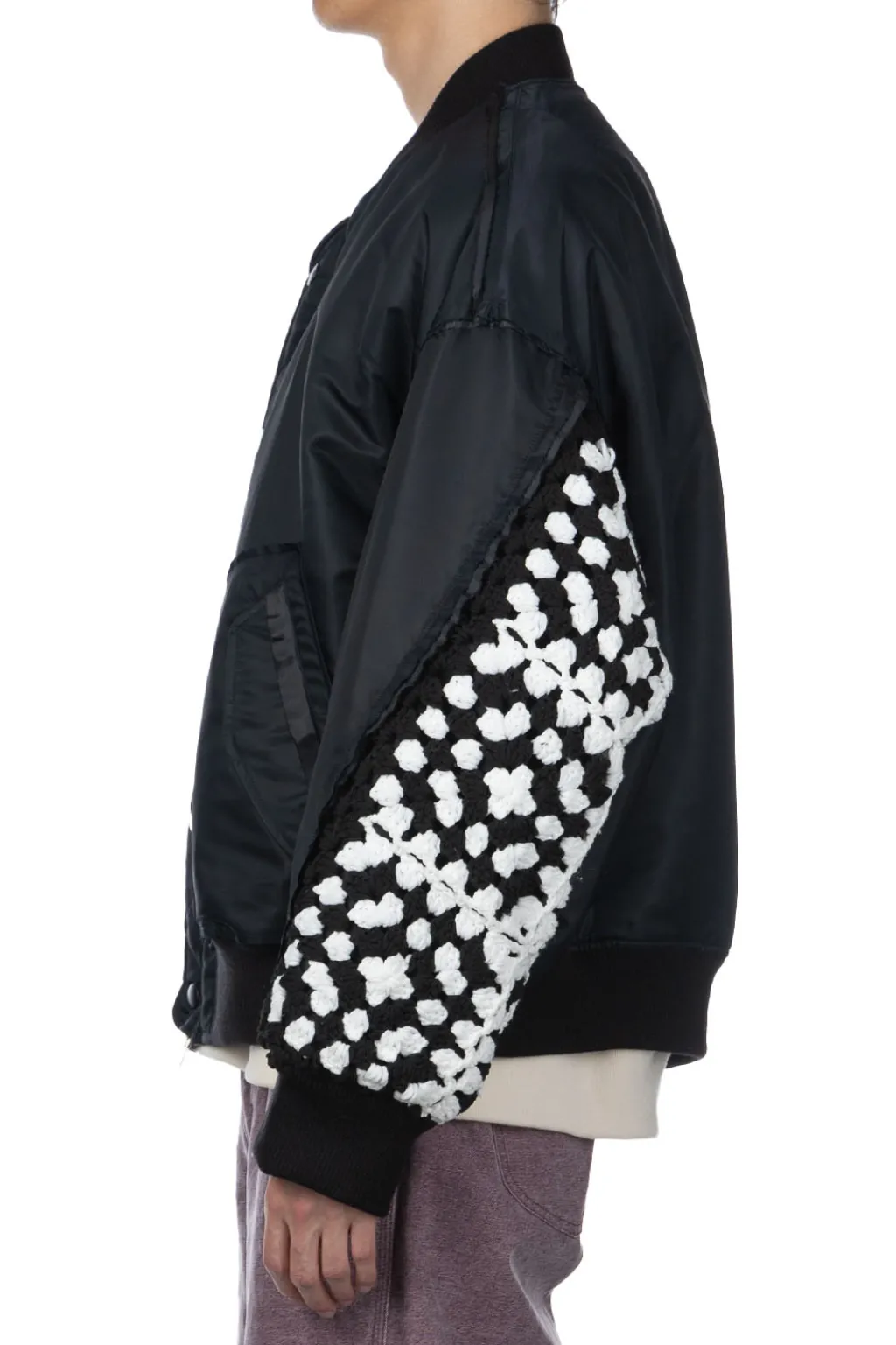 Hot DISCOVERED Crochet Sleeve MA-1 Jacket - Black x Black