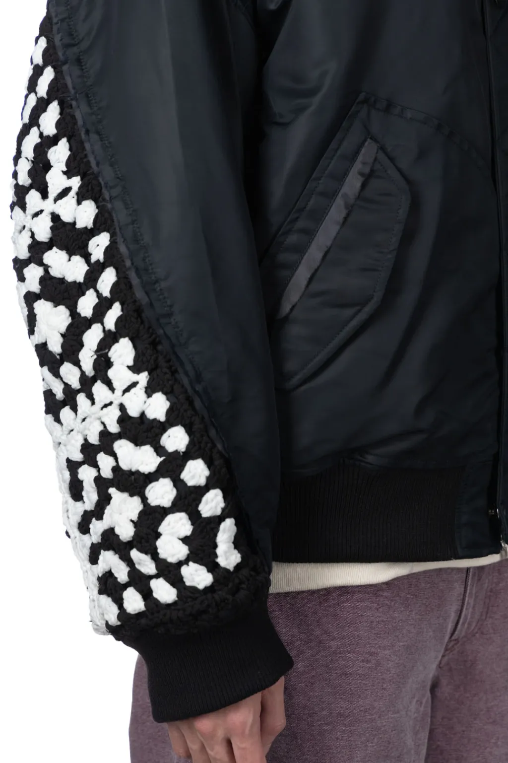 Hot DISCOVERED Crochet Sleeve MA-1 Jacket - Black x Black