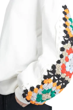 Sale DISCOVERED Crochet Sleeve Sweatshirt - White