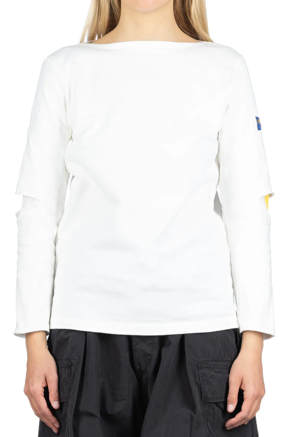 Outlet Kapital 16/- Densed Jersey Elbow-Rip Boatneck Long Sleeve T - White
