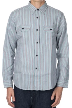Online Sugar Cane Dobby Stripe LS Work Shirt - Blue
