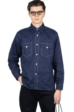 Clearance Sugar Cane Fiction Romance 8.5oz Wabash Stripe Work Shirt - N. Navy