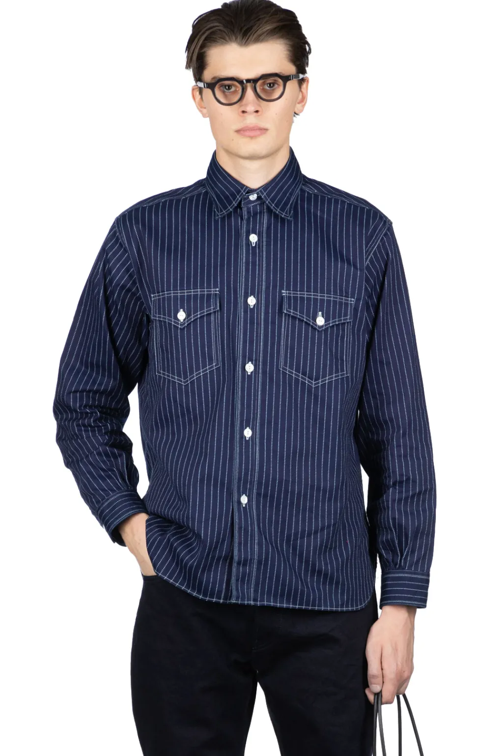 Clearance Sugar Cane Fiction Romance 8.5oz Wabash Stripe Work Shirt - N. Navy