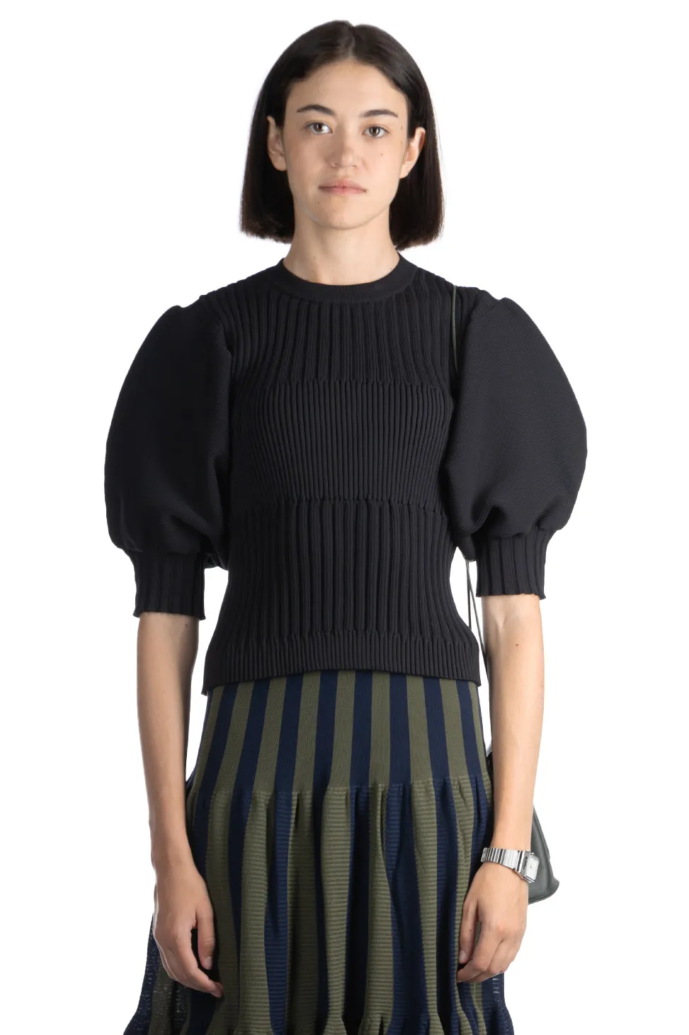 Online CFCL Fluted Short Puff Sleeve Cropped Top - Black