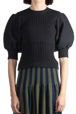Online CFCL Fluted Short Puff Sleeve Cropped Top - Black