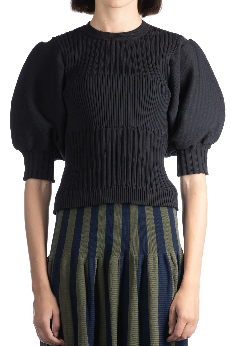 Online CFCL Fluted Short Puff Sleeve Cropped Top - Black