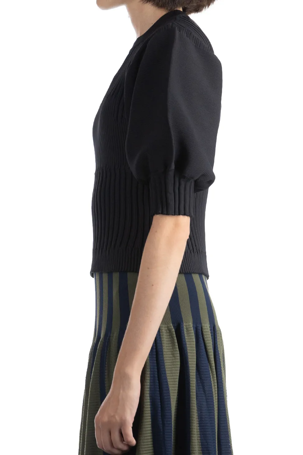 Online CFCL Fluted Short Puff Sleeve Cropped Top - Black