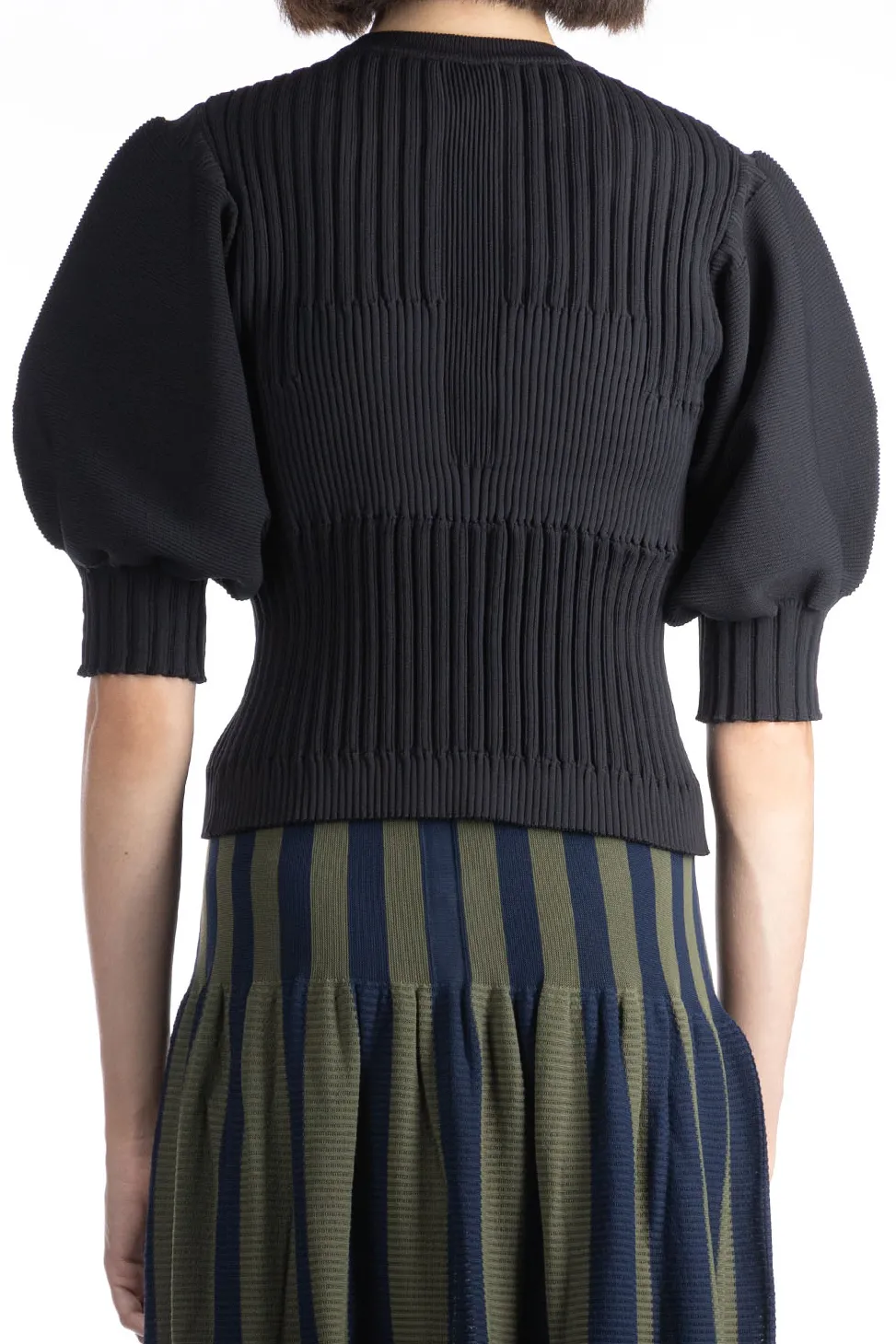 Online CFCL Fluted Short Puff Sleeve Cropped Top - Black