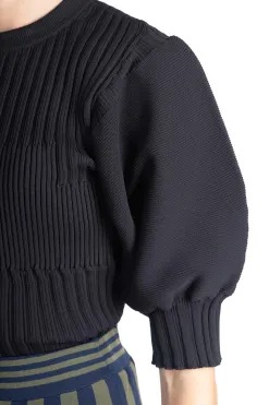 Online CFCL Fluted Short Puff Sleeve Cropped Top - Black