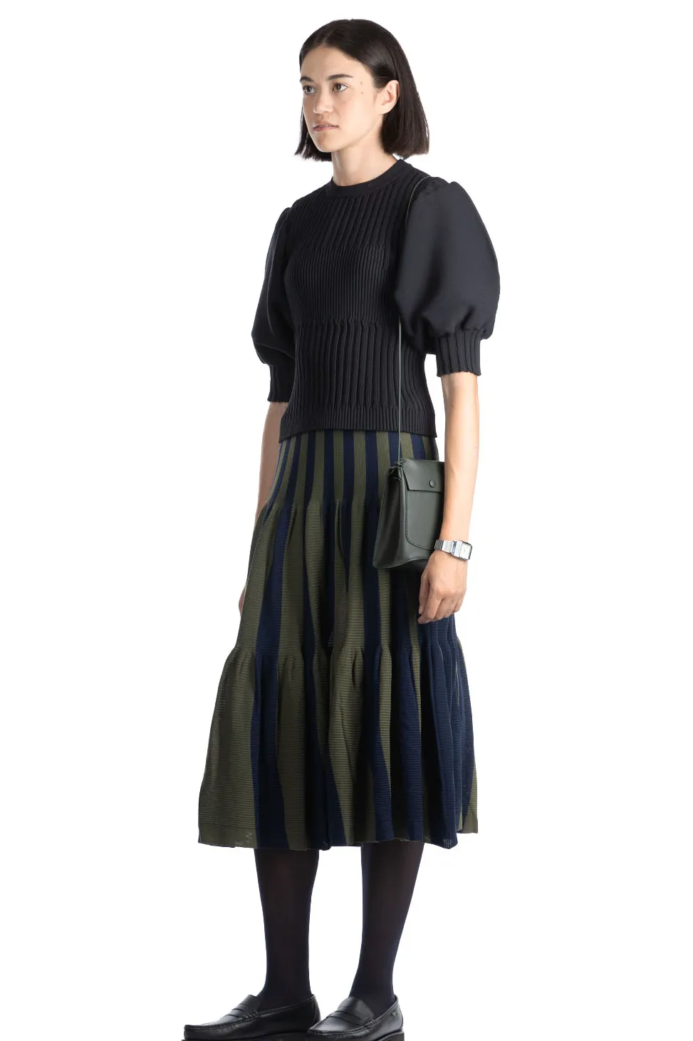 Online CFCL Fluted Short Puff Sleeve Cropped Top - Black
