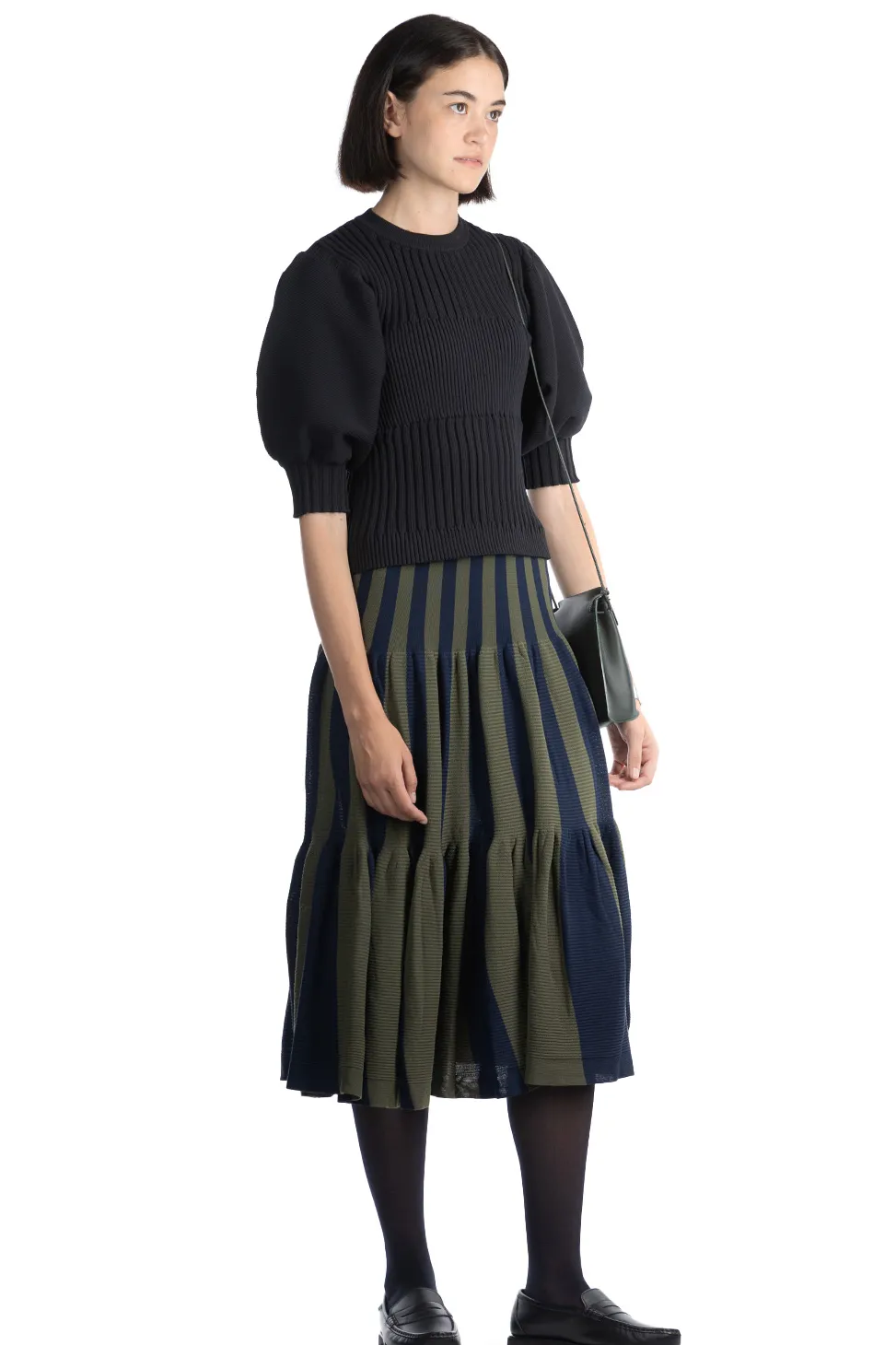 Online CFCL Fluted Short Puff Sleeve Cropped Top - Black