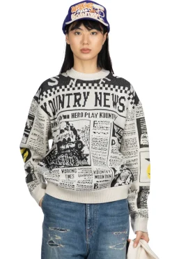 New Kapital 8G Knit NEWSPAPER Crew Sweater (KOUNTRY NEWS) - Natural