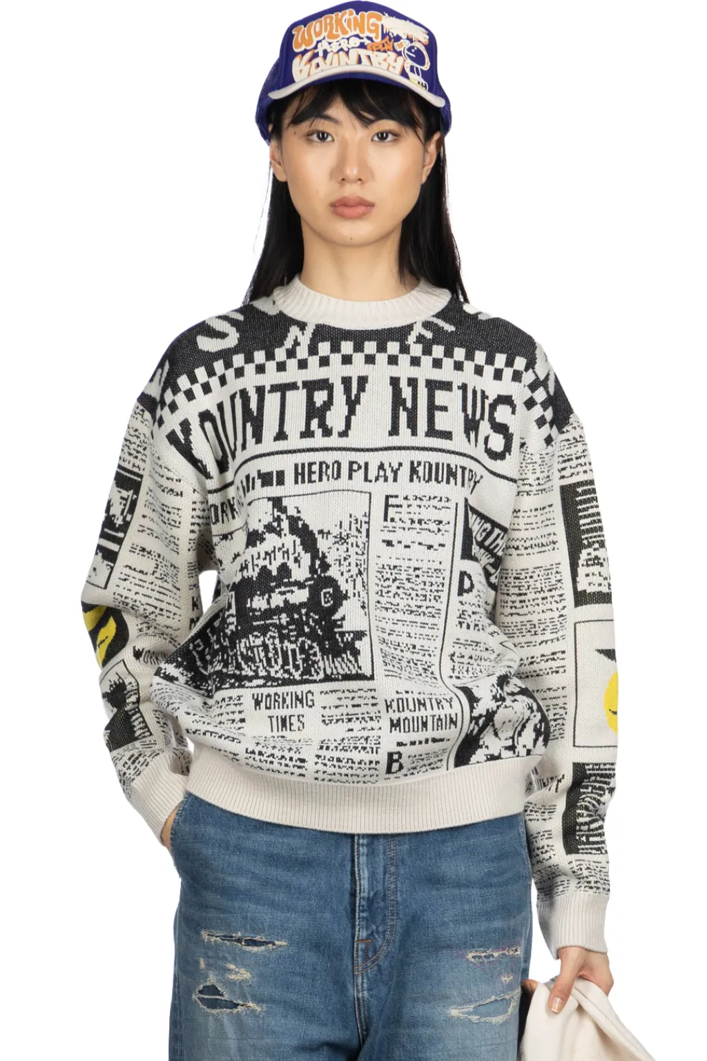 New Kapital 8G Knit NEWSPAPER Crew Sweater (KOUNTRY NEWS) - Natural