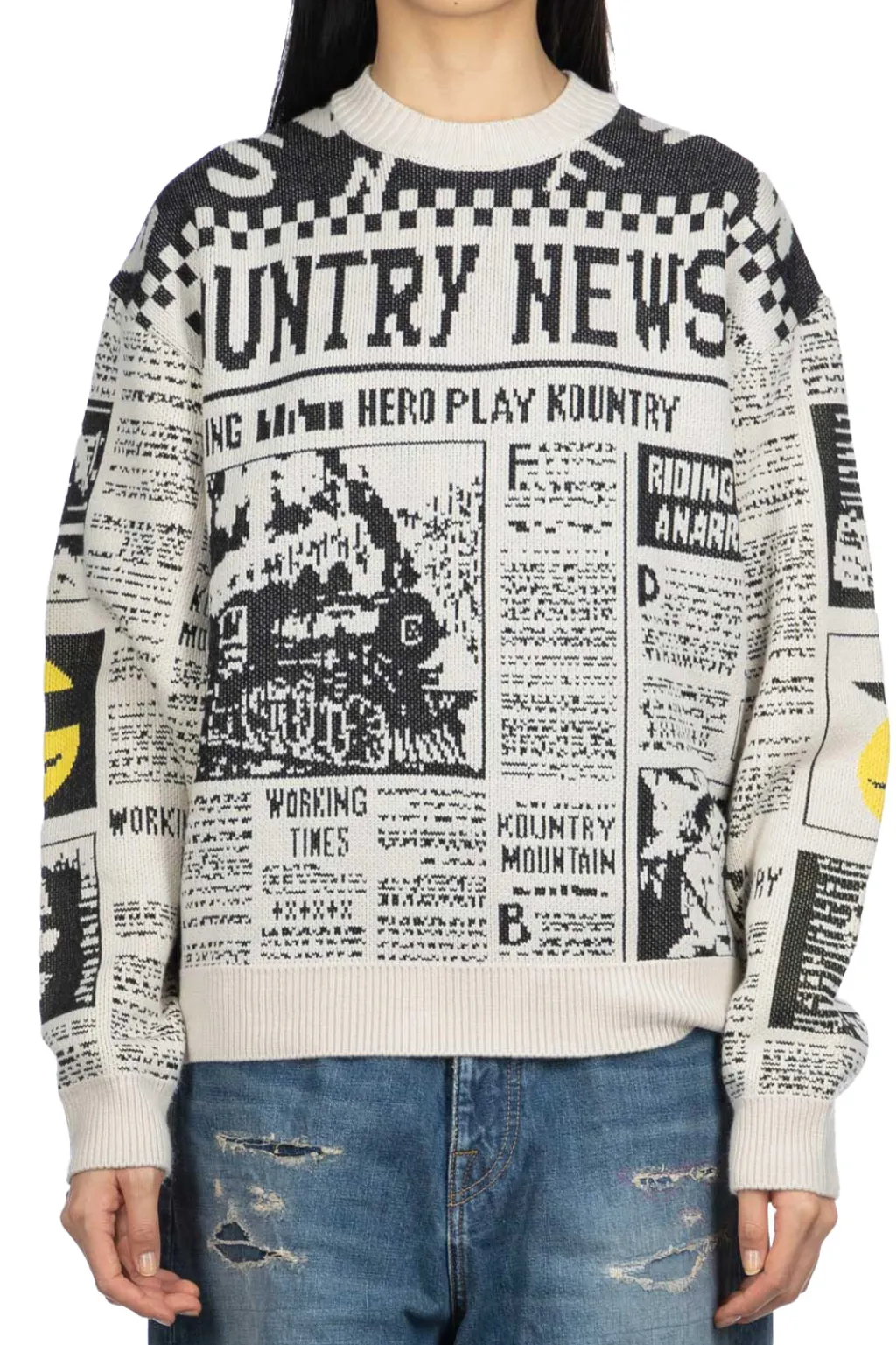 New Kapital 8G Knit NEWSPAPER Crew Sweater (KOUNTRY NEWS) - Natural