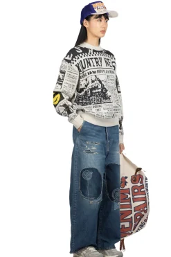 New Kapital 8G Knit NEWSPAPER Crew Sweater (KOUNTRY NEWS) - Natural
